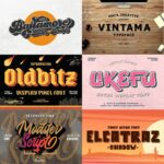 Six graphic design font samples showcase diverse styles, including bold, pixel, retro, brush, and shadow fonts. Each has distinct color schemes and themes.