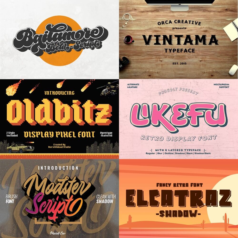 Six graphic design font samples showcase diverse styles, including bold, pixel, retro, brush, and shadow fonts. Each has distinct color schemes and themes.