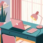 A pastel-themed desk setup with a laptop, notebook, and lamp. A potted plant and model house adorn a nearby shelf.