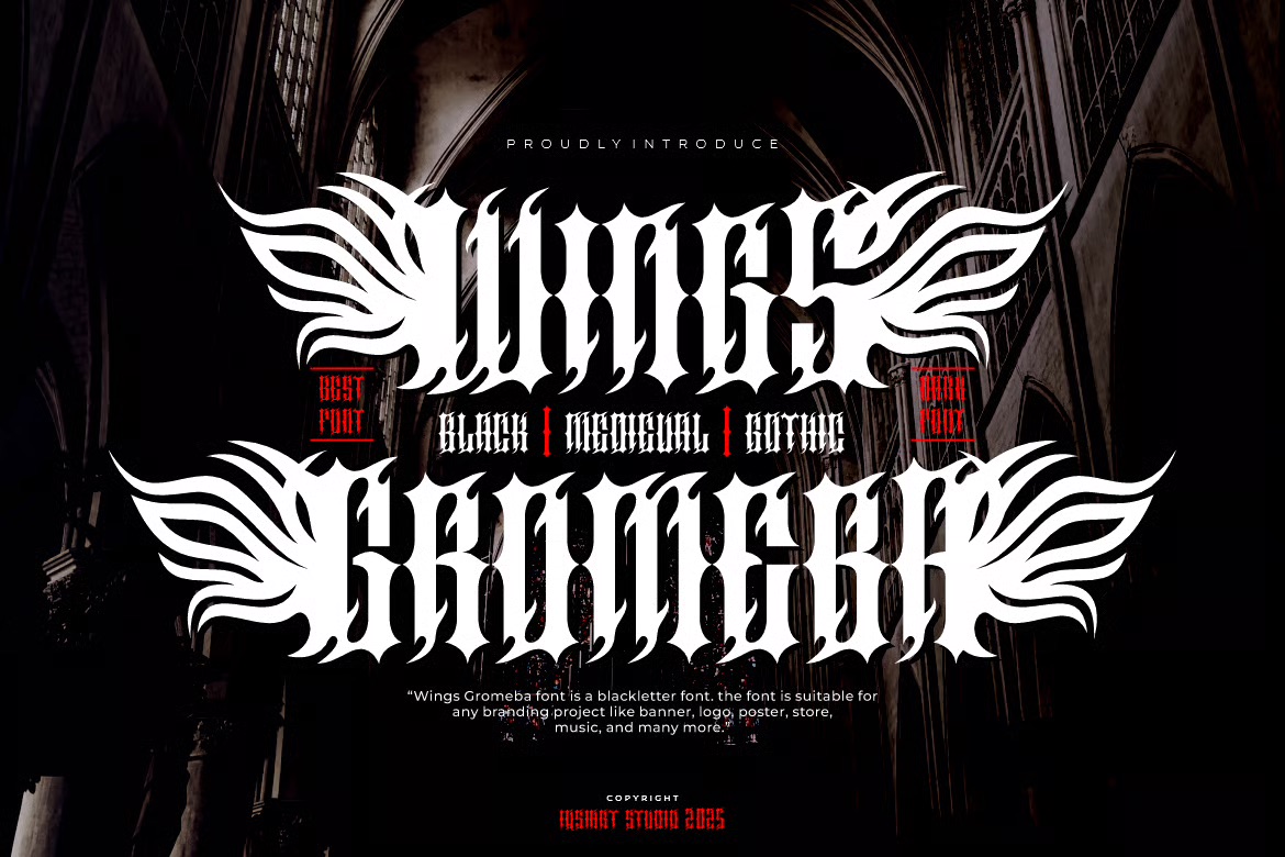Gothic-style font advertisement with intricate lettering. Background features a dark, arched church interior, creating a dramatic, medieval atmosphere.