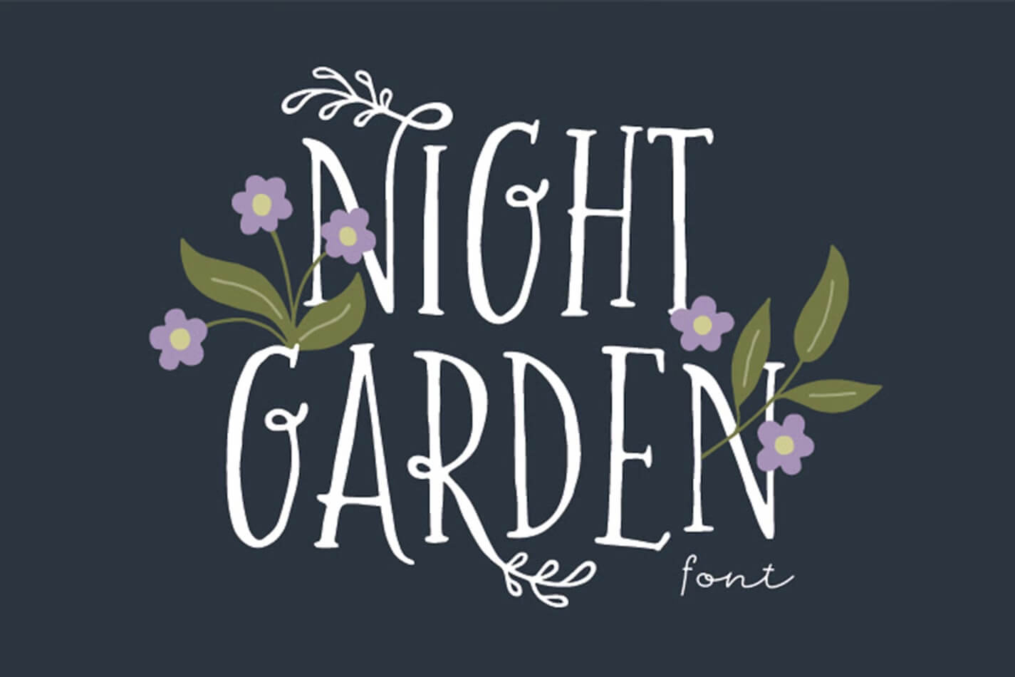 Text reads "Night Garden" with floral decorations, featuring purple flowers and green leaves on a dark background. Stylish and decorative design.