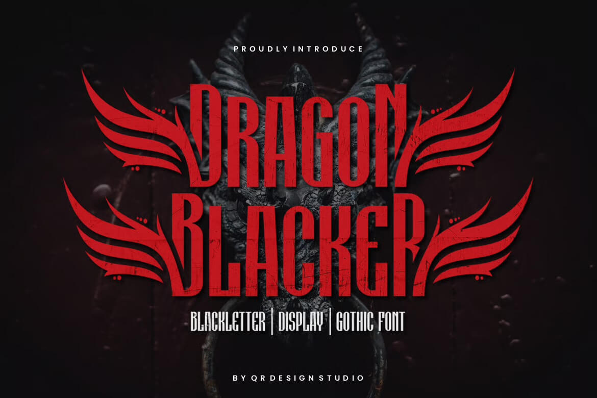 Gothic font design featuring bold red text "Dragon Blacker" over a dark background with winged elements, promoting blackletter display font style.