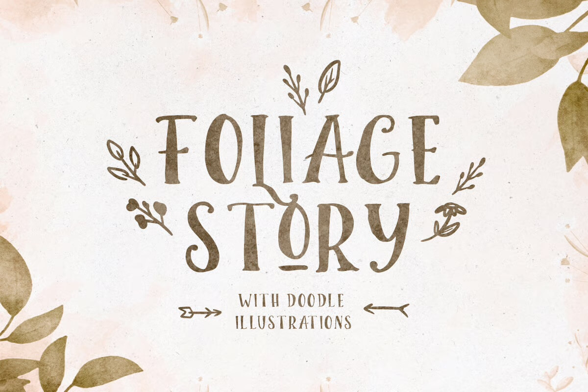 Decorative text reads "Foliage Story" with surrounding leaf doodles, on a textured background. Subtext says "with doodle illustrations" with arrows.