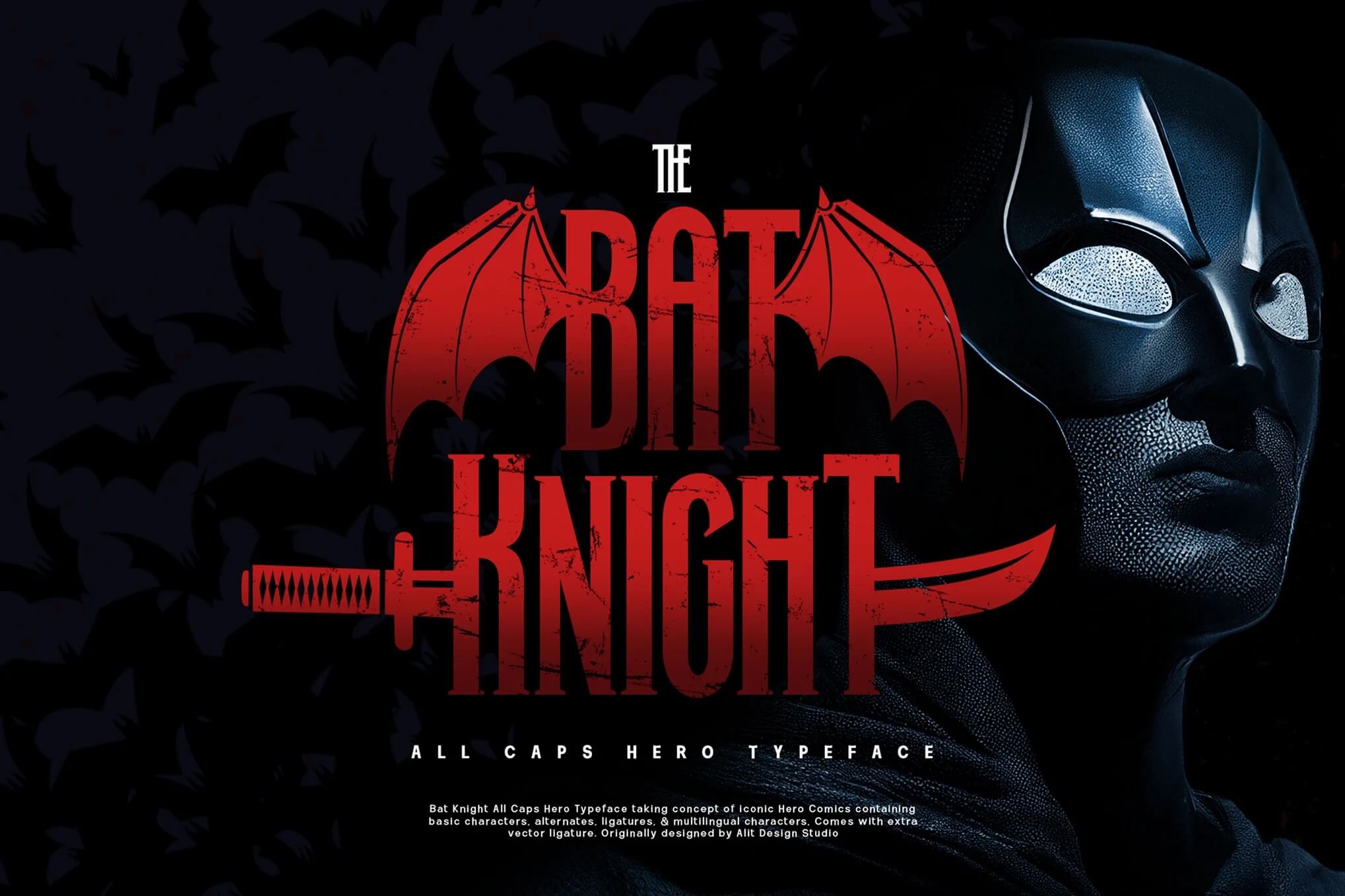 Dark-themed poster features a masked person with bold, stylized text saying "The Bat Knight." Background filled with bat silhouettes.