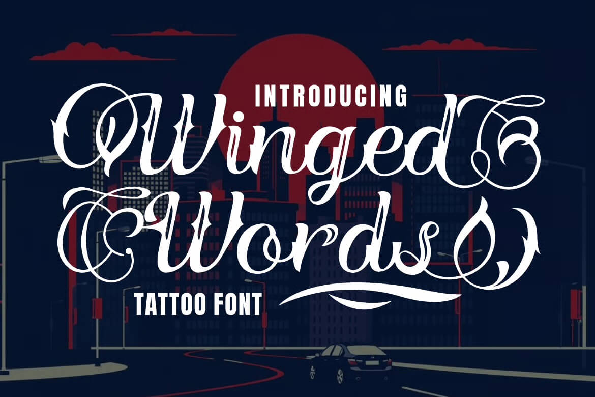 Stylish font advertisement with a city skyline background, featuring "Winged Words Tattoo Font" in elegant script and a red moon.