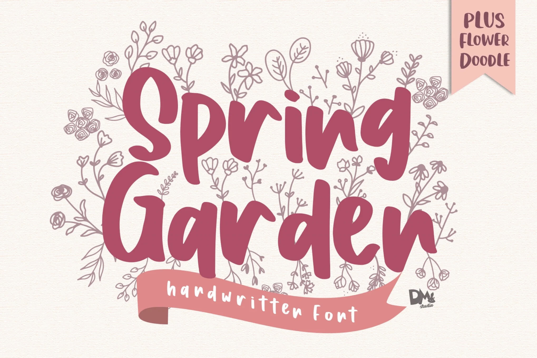 Whimsical floral-themed text design reads "Spring Garden" with decorative flowers, promoting a handwritten font called "Plus Flower Doodle."
