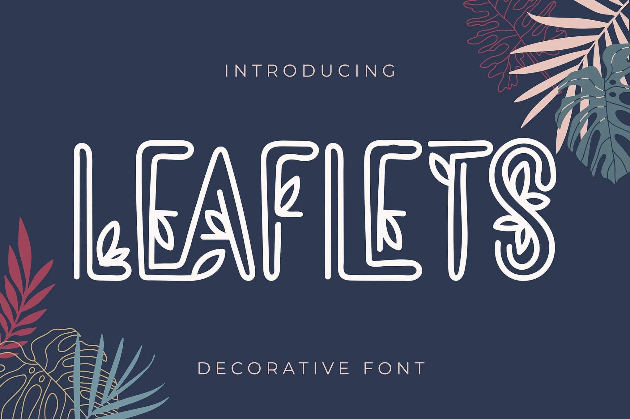 Decorative font poster titled "Leaflets" with botanical design elements. Background is a muted dark blue with colorful leaf illustrations.