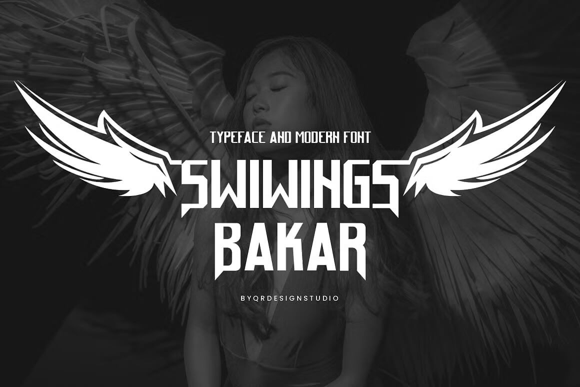 Person with angel wings in grayscale, overlaid with bold text "Swiwings Bakar" and "Typeface and Modern Font."