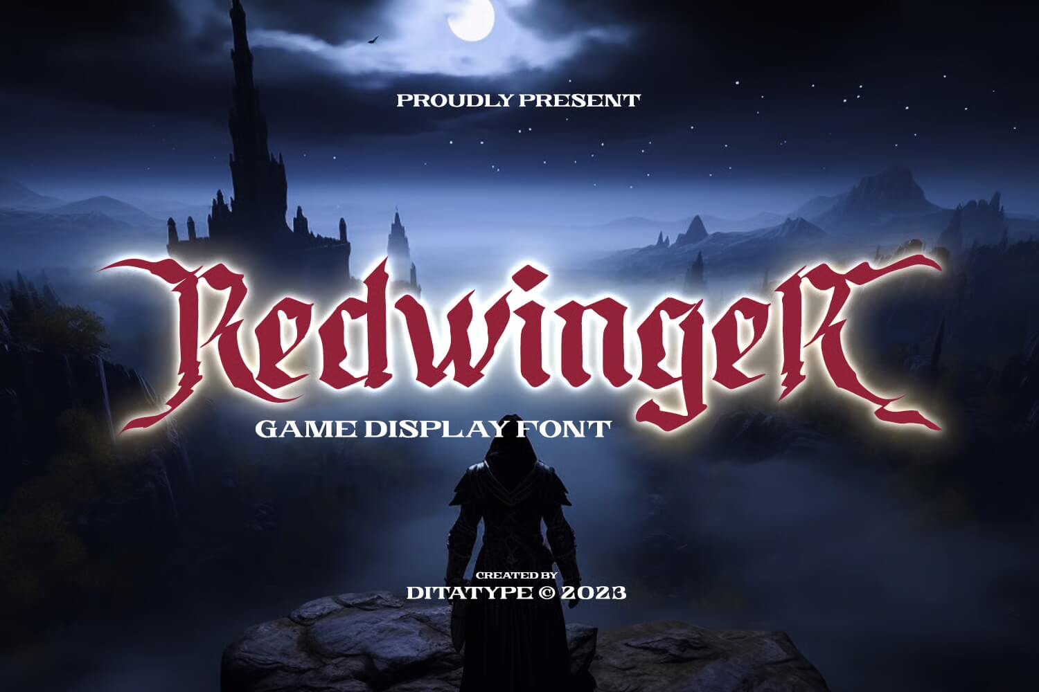 A mysterious figure overlooks a fantasy landscape with a moonlit castle, beneath bold text "Redwinger" in dramatic, stylized font.