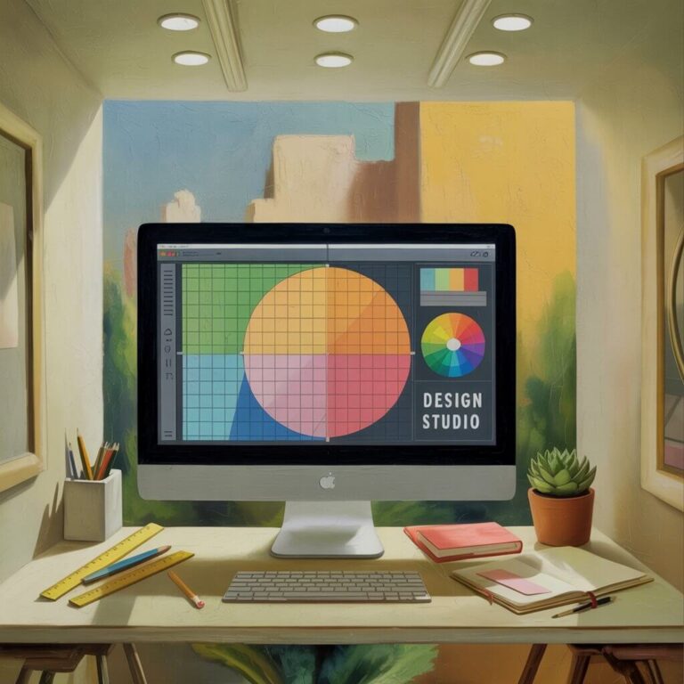 A design studio features an Apple computer displaying colorful graphics, surrounded by notebooks, pencils, a plant, and sunlight filtering through nearby windows.