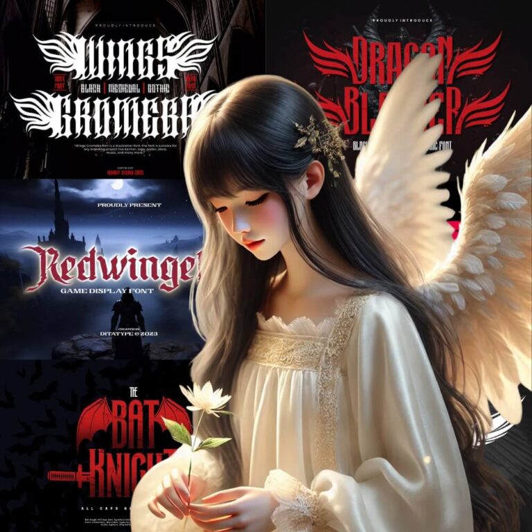 Angel-winged person holds flower, surrounded by gothic font designs: "Wings Gonna Fly," "Dragon BladeFF," "Redwinger," and "The Bat Knight," evoking fantasy themes.