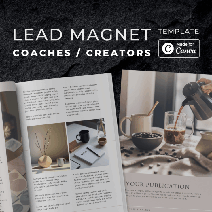 This image showcases a lead magnet template for coaches and creators, designed for Canva, featuring elegant layouts and a coffee-themed aesthetic.