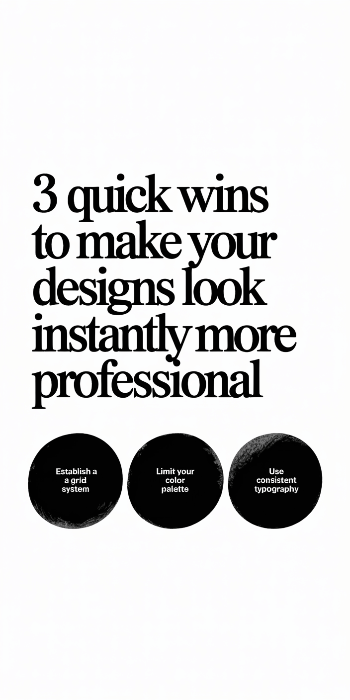 Bold text advises on improving design professionalism with three tips: establish a grid system, limit color palette, and use consistent typography.