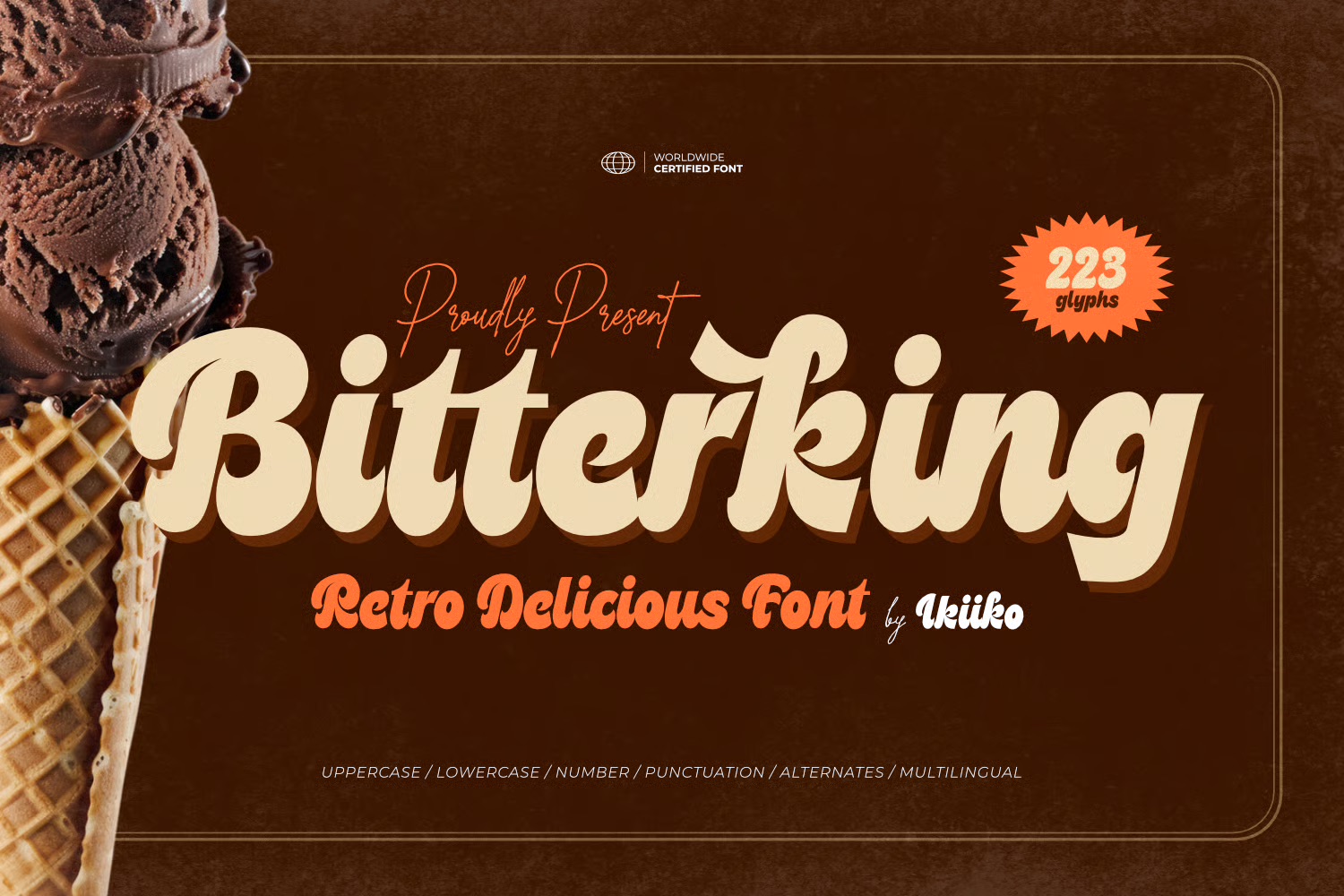 9 Best 1950s Fonts: Retro Designs with 50s Font Collection 2 Retro-style font advertisement featuring large text "Bitterking" with chocolate ice cream cone graphic. Includes text detailing font features and design credits.