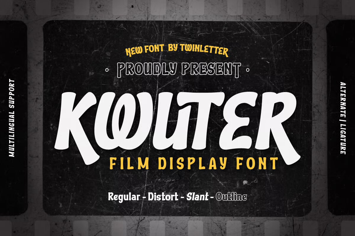 Promotional poster featuring "Kwouter" film display font, highlighting styles: Regular, Distort, Slant, Outline. Multilingual support, alternate ligature showcased.