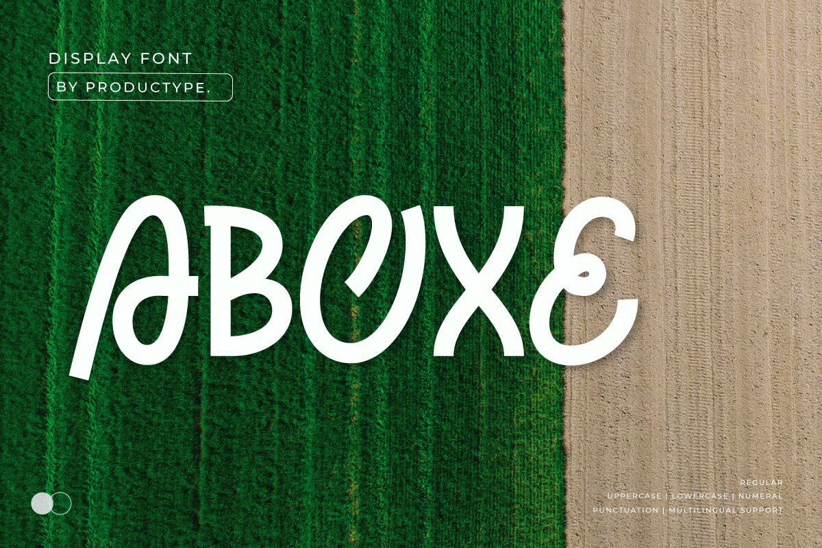 Aerial view of green and brown fields with overlay text "ABOVE." Graphic layout for a display font advertisement by Productype.