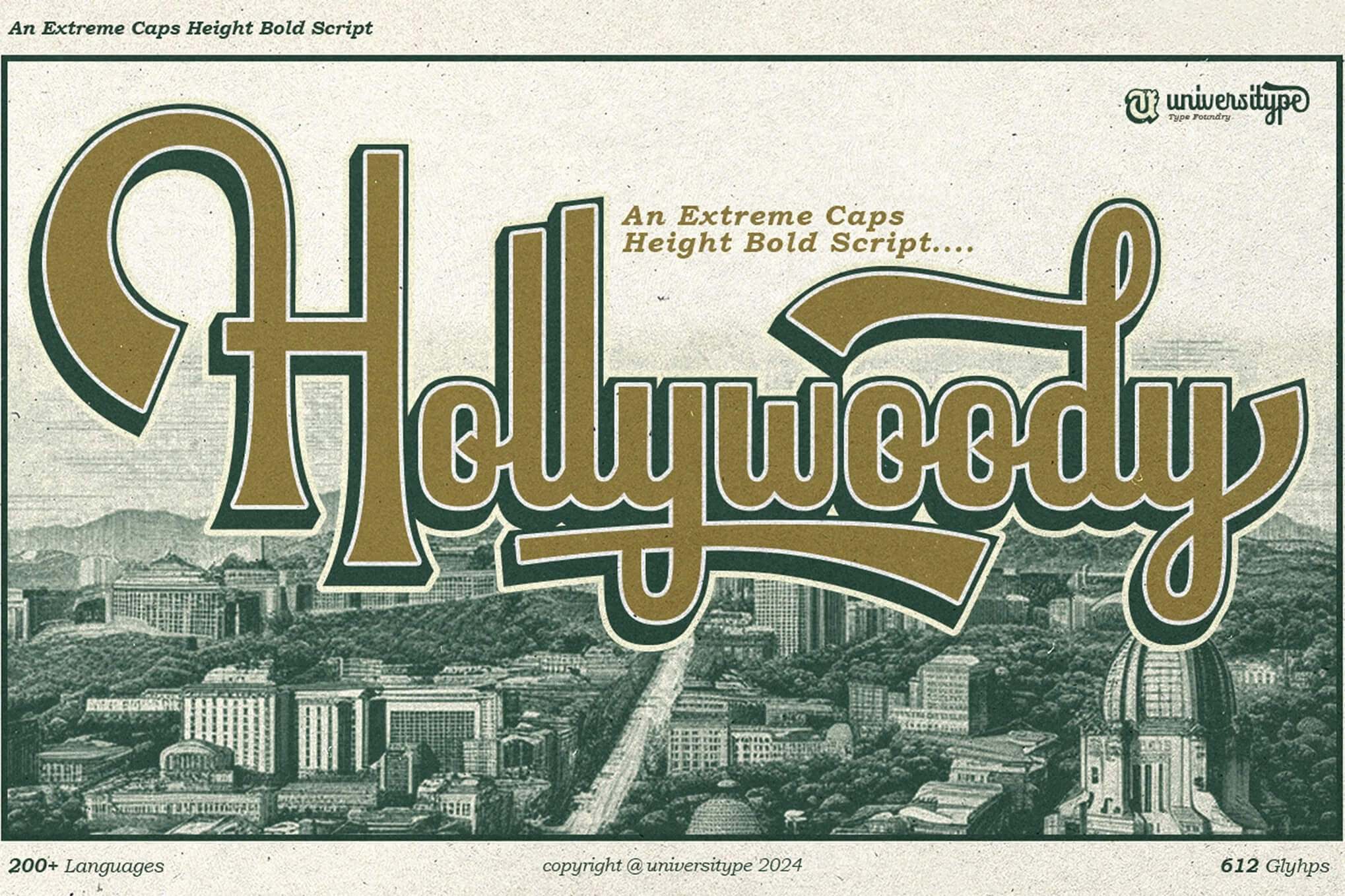 Vintage style text "Hollywoody" overlays a detailed cityscape illustration with buildings nestled among trees, showcasing a retro design aesthetic.