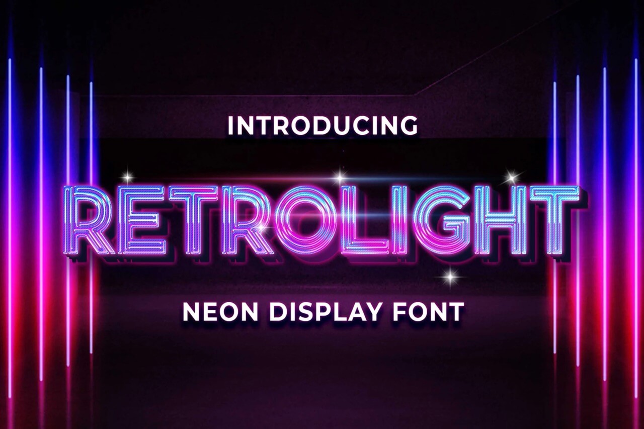 Neon-themed image featuring the text “RETROLIGHT,” showcasing a vibrant display font in pink and blue hues against a dark background.