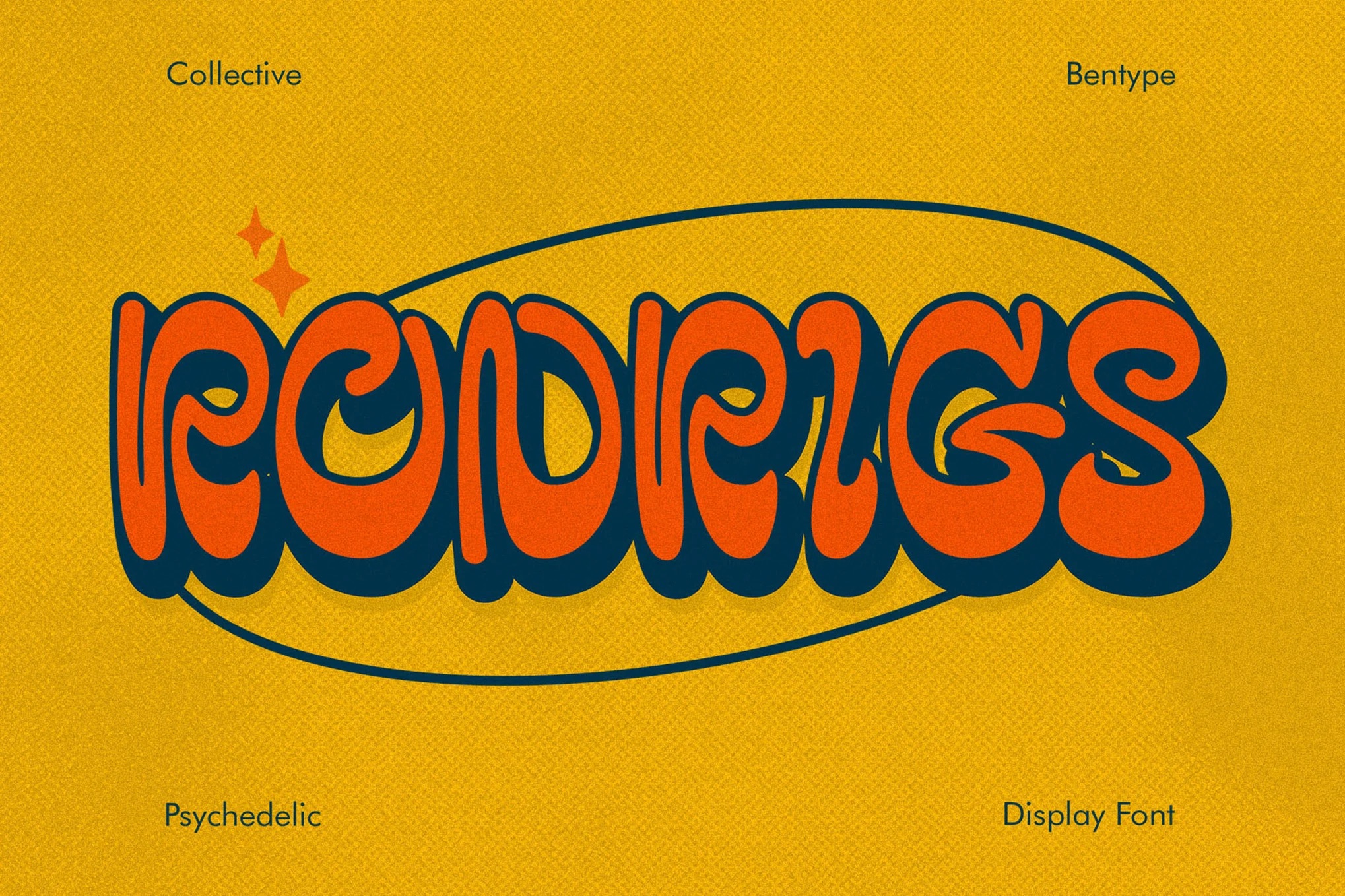 9 Best 1950s Fonts: Retro Designs with 50s Font Collection 3 Bright, bold font displaying "RODRIGS" with a psychedelic style against a textured yellow background. Orange and blue colors create a retro vibe.