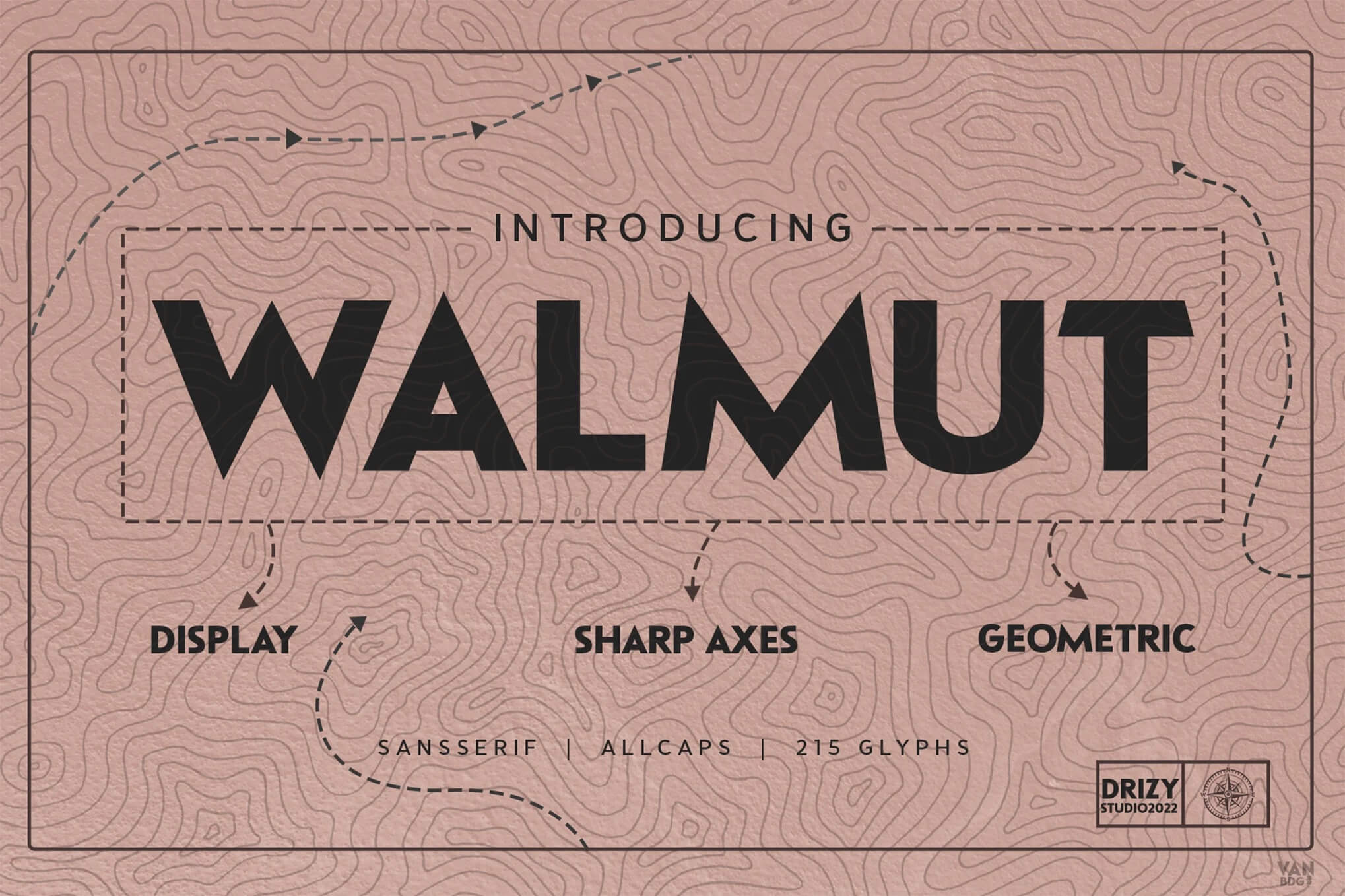 Promotional image for the "WALMUT" sans-serif font by Drizy Studio. Features descriptors: display, sharp axes, geometric, all-caps with 215 glyphs.