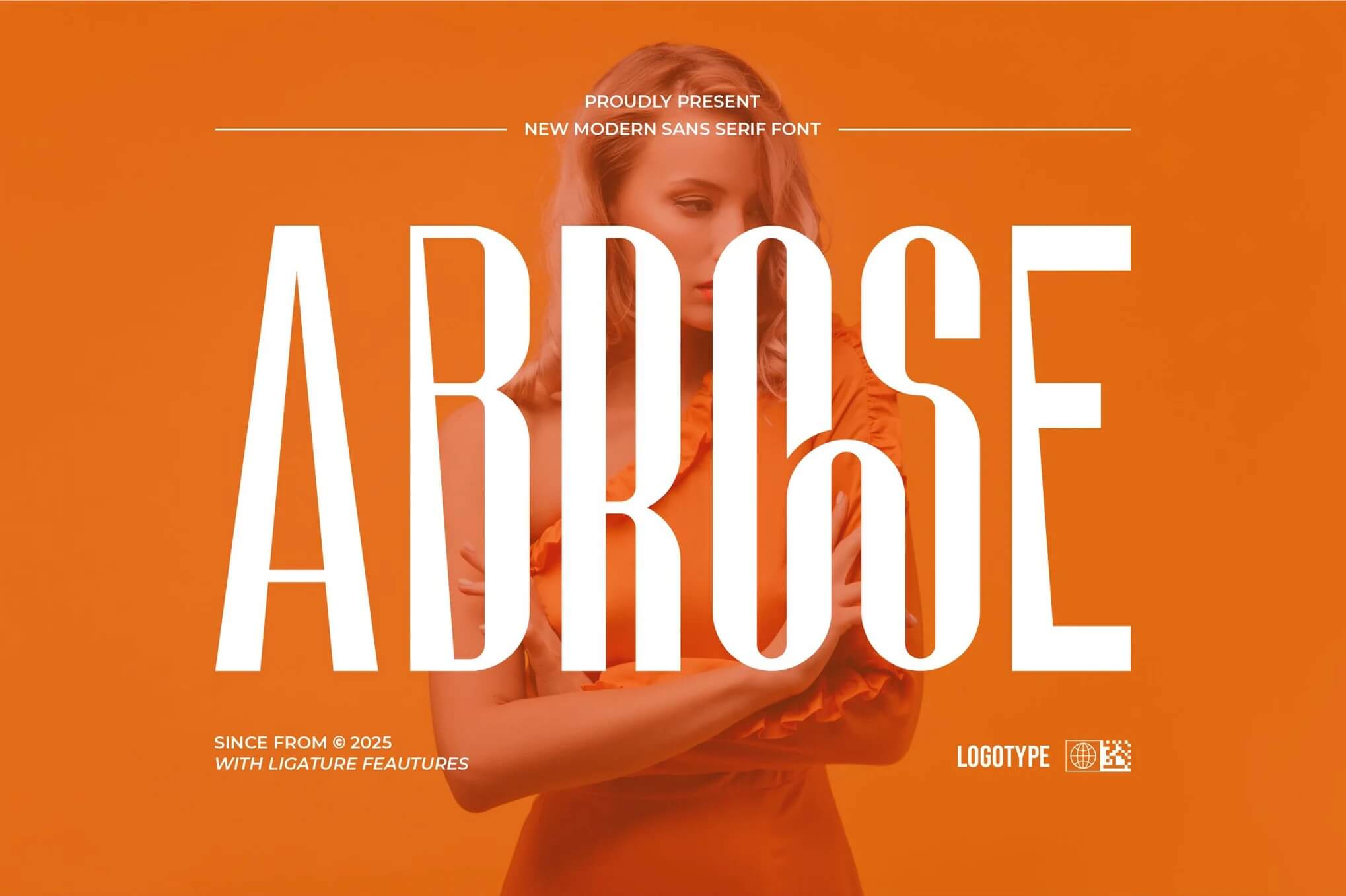A person stands against an orange background with large white text overlay reading “ABROSE.” Modern sans serif font promotional design.