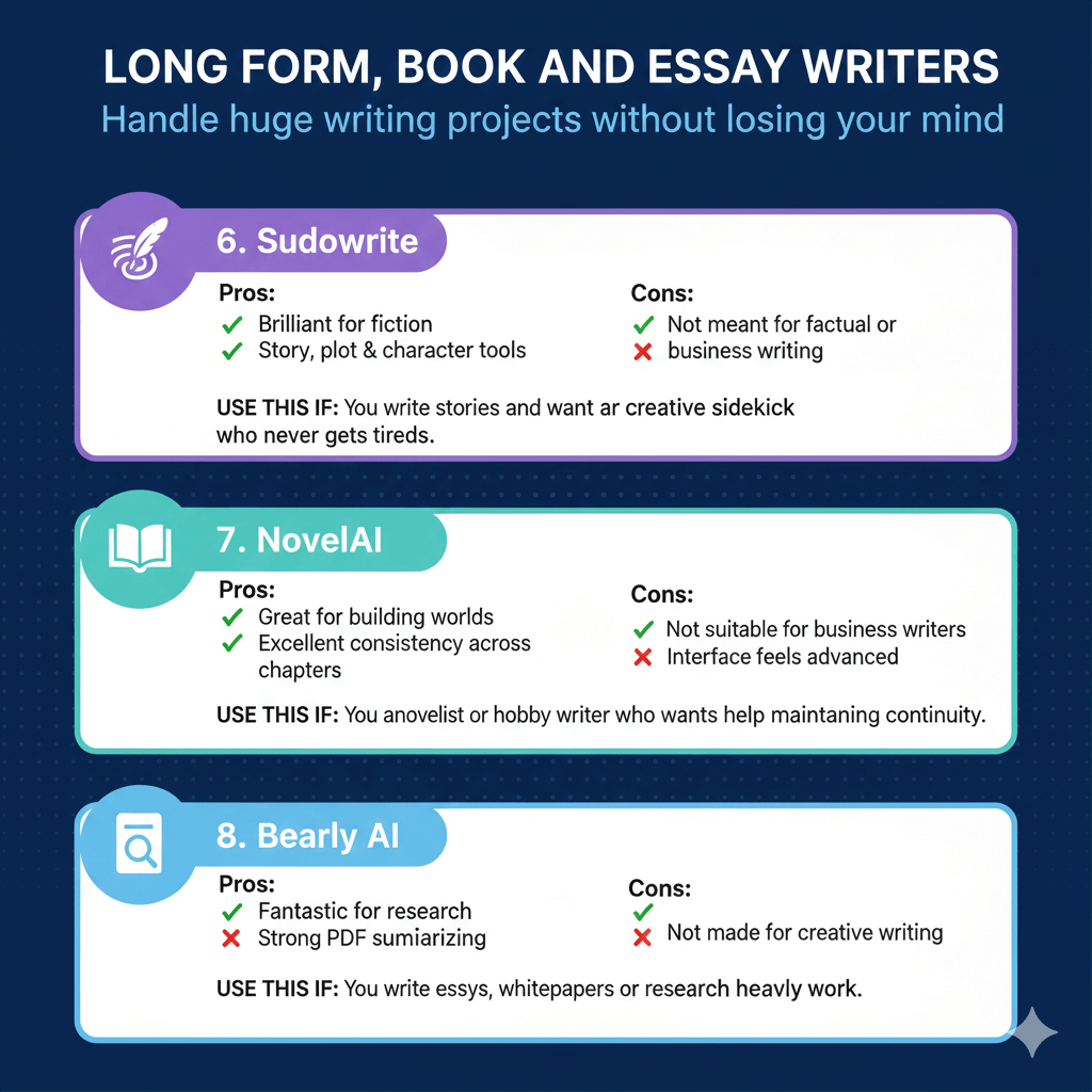 Best AI Writing Tools for 2026: I Tested 10 to Save You $1,000+ in Wasted Subs 4 Comparison chart of writing tools: Sudowrite, NovelAI, Bearly AI, with pros, cons, and usage suggestions for writers.