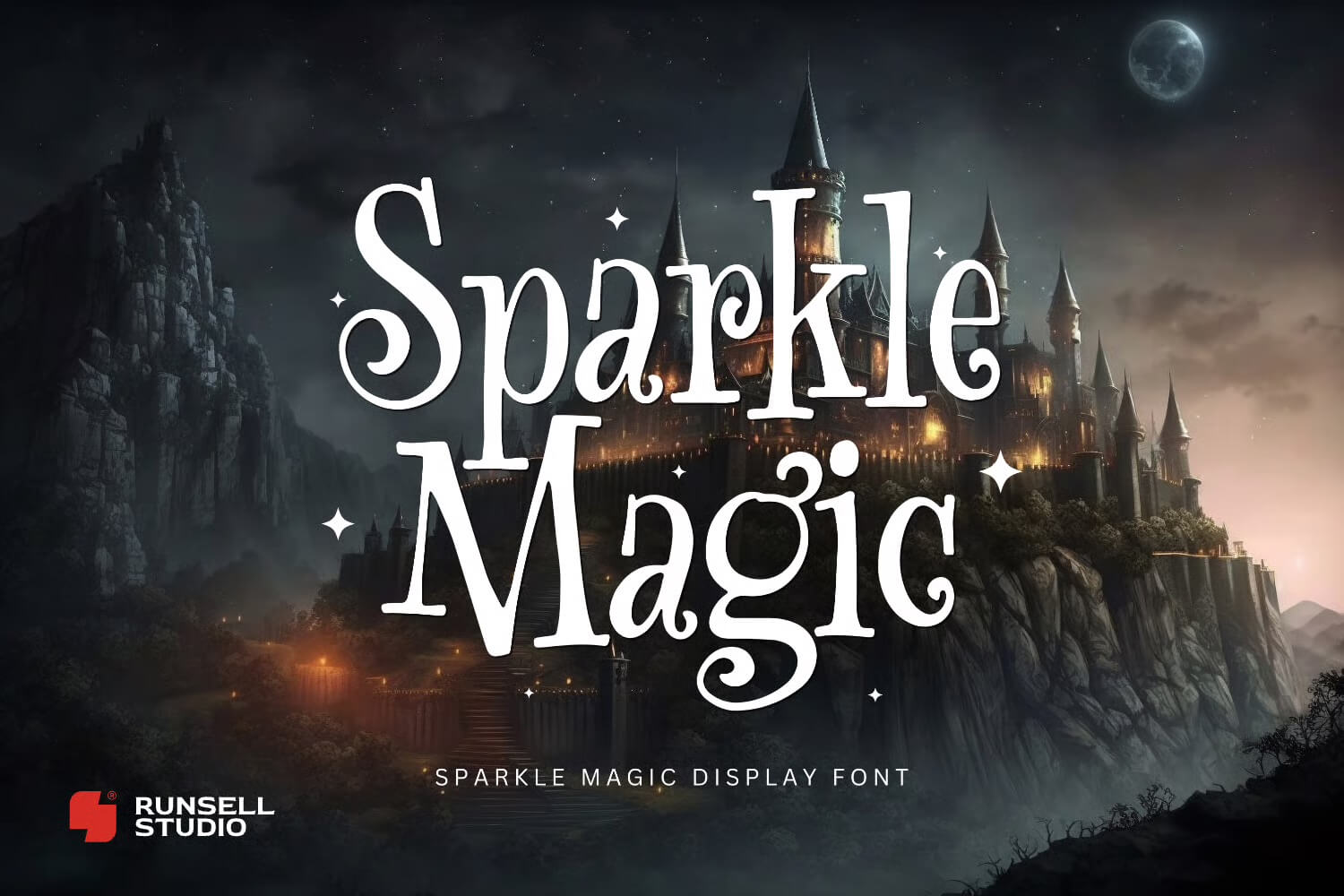 A mystical castle on a cliff under a starry sky, featuring the text "Sparkle Magic" in a whimsical font style.
