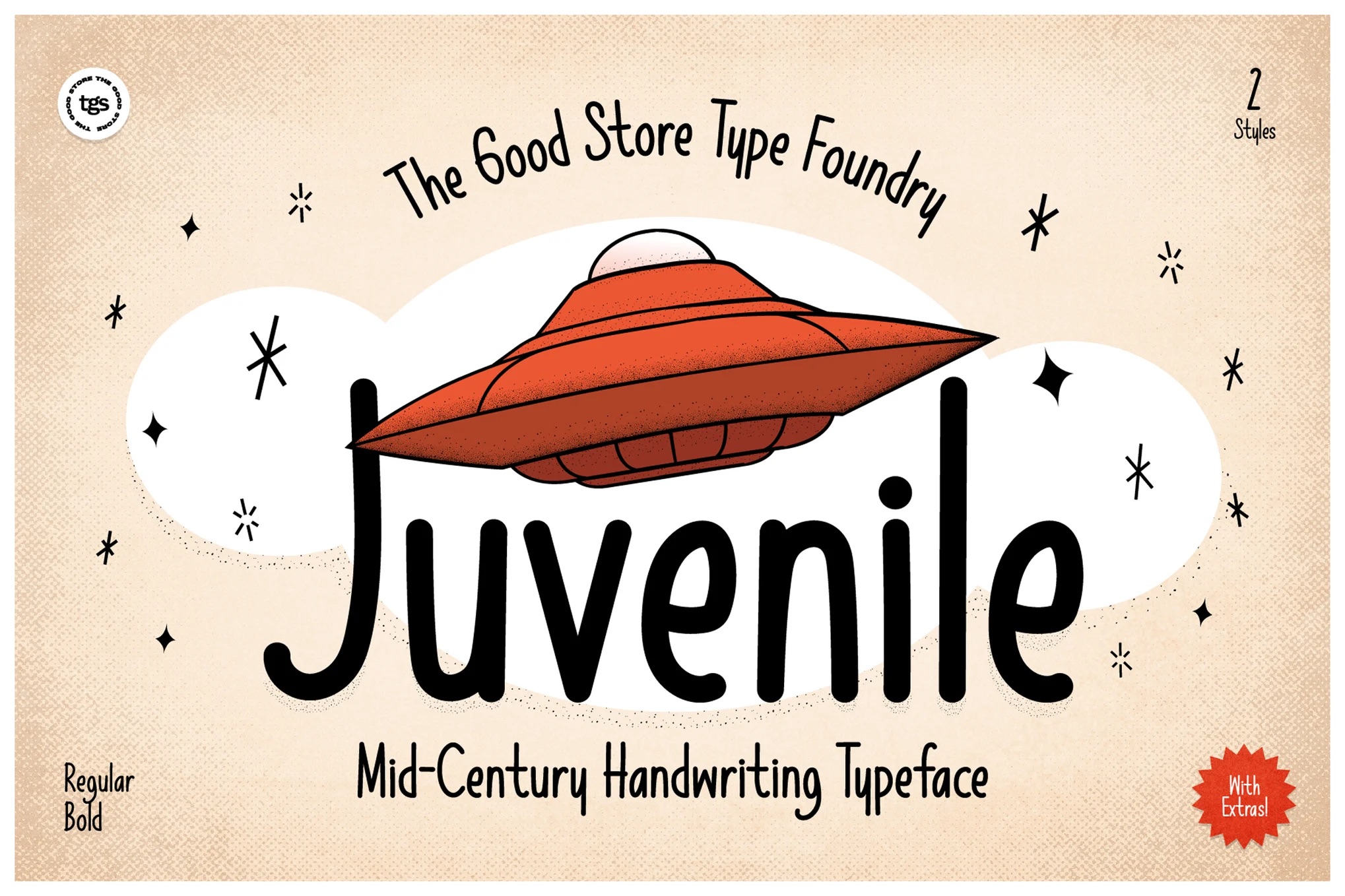 9 Best 1950s Fonts: Retro Designs with 50s Font Collection 4 Retro font design poster features a red flying saucer, stars, and bold text: “Juvenile: Mid-Century Handwriting Typeface” by The Good Store Type Foundry.