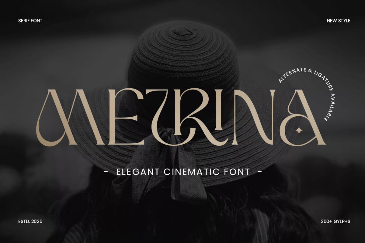 A person wears a wide-brimmed hat. The text "METRINA" and "ELEGANT CINEMATIC FONT" overlays the image with stylish, serif letters.