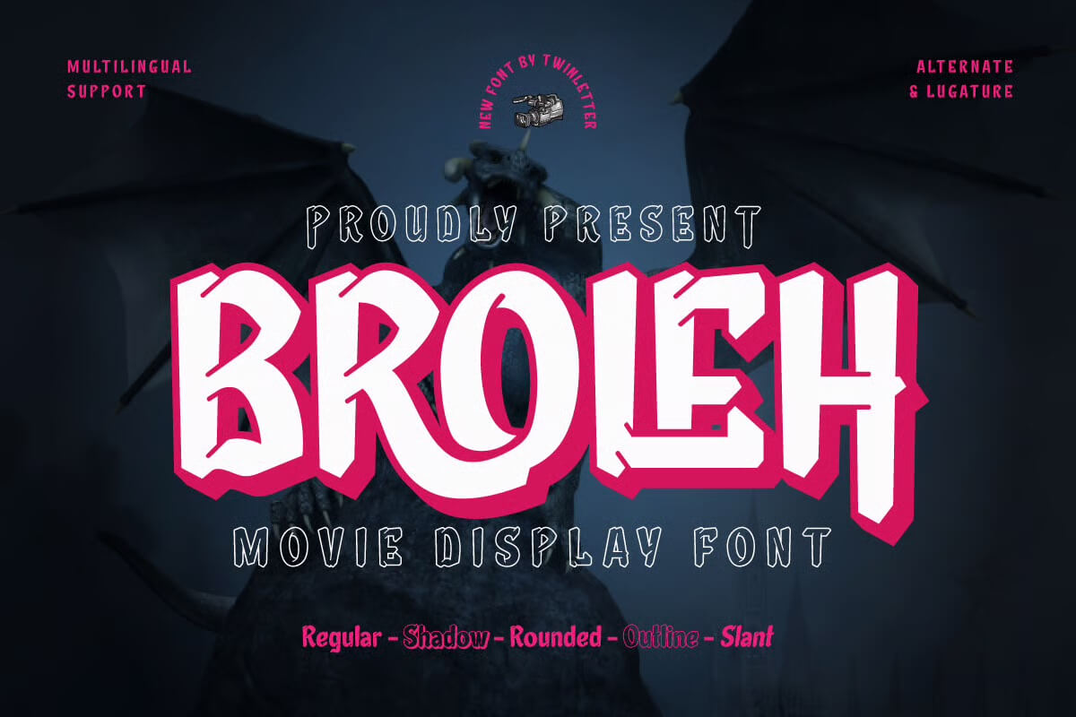 Promotional image for "Broleh" movie display font. Features a dark, dragon-like figure with text advertising multilingual support and various font styles.