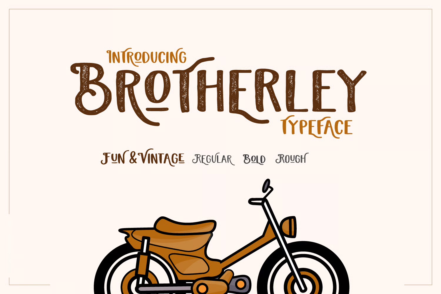 9 Best 1950s Fonts: Retro Designs with 50s Font Collection 6 Vintage-themed poster showcasing "Brotherley" typeface with a stylized illustration of a classic motorcycle. Various font styles: regular, bold, rough.