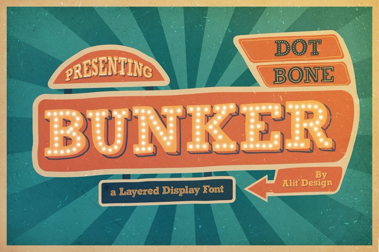 Retro-style design displaying "BUNKER" in illuminated font, featuring "Presenting," "Dot," "Bone," by Alit Design, with a vintage, layered display font theme.