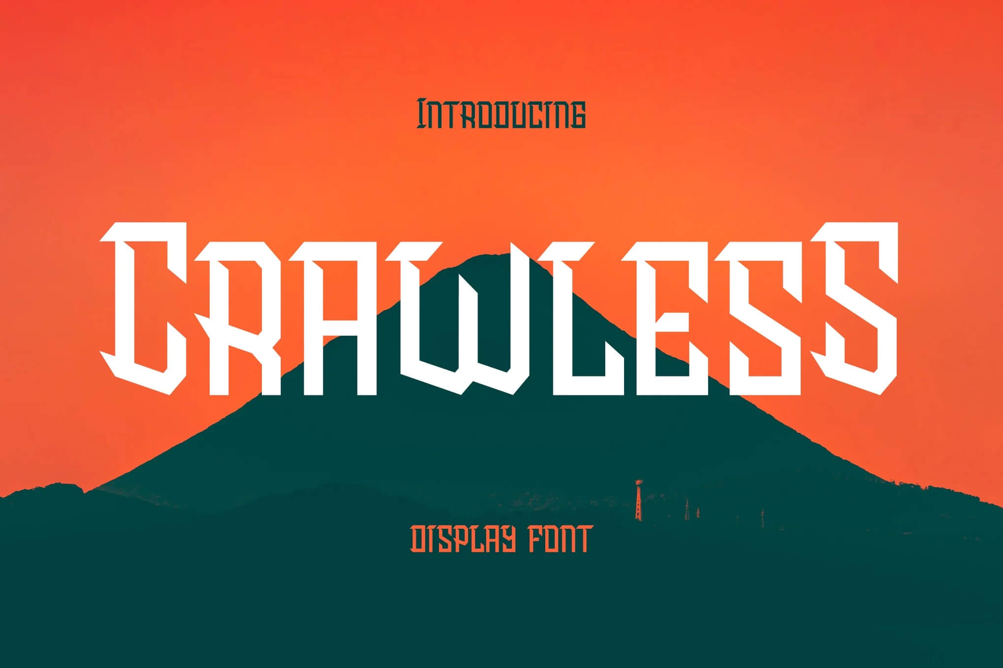 Bold text reads "Crawless" on an orange and dark silhouette mountain background, promoting a display font design.