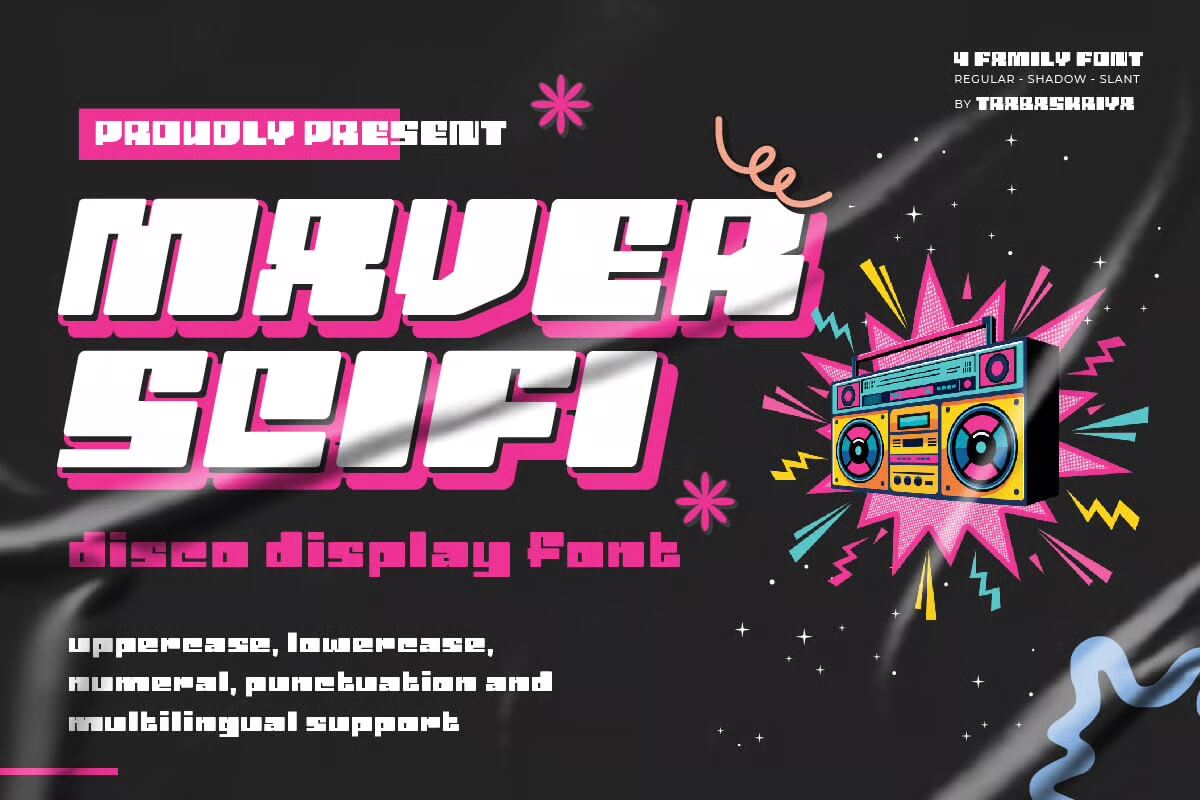 Bold retro font design for "Maver SciFi" with colorful boombox illustration. Describes a disco display font supporting multiple languages and punctuation.