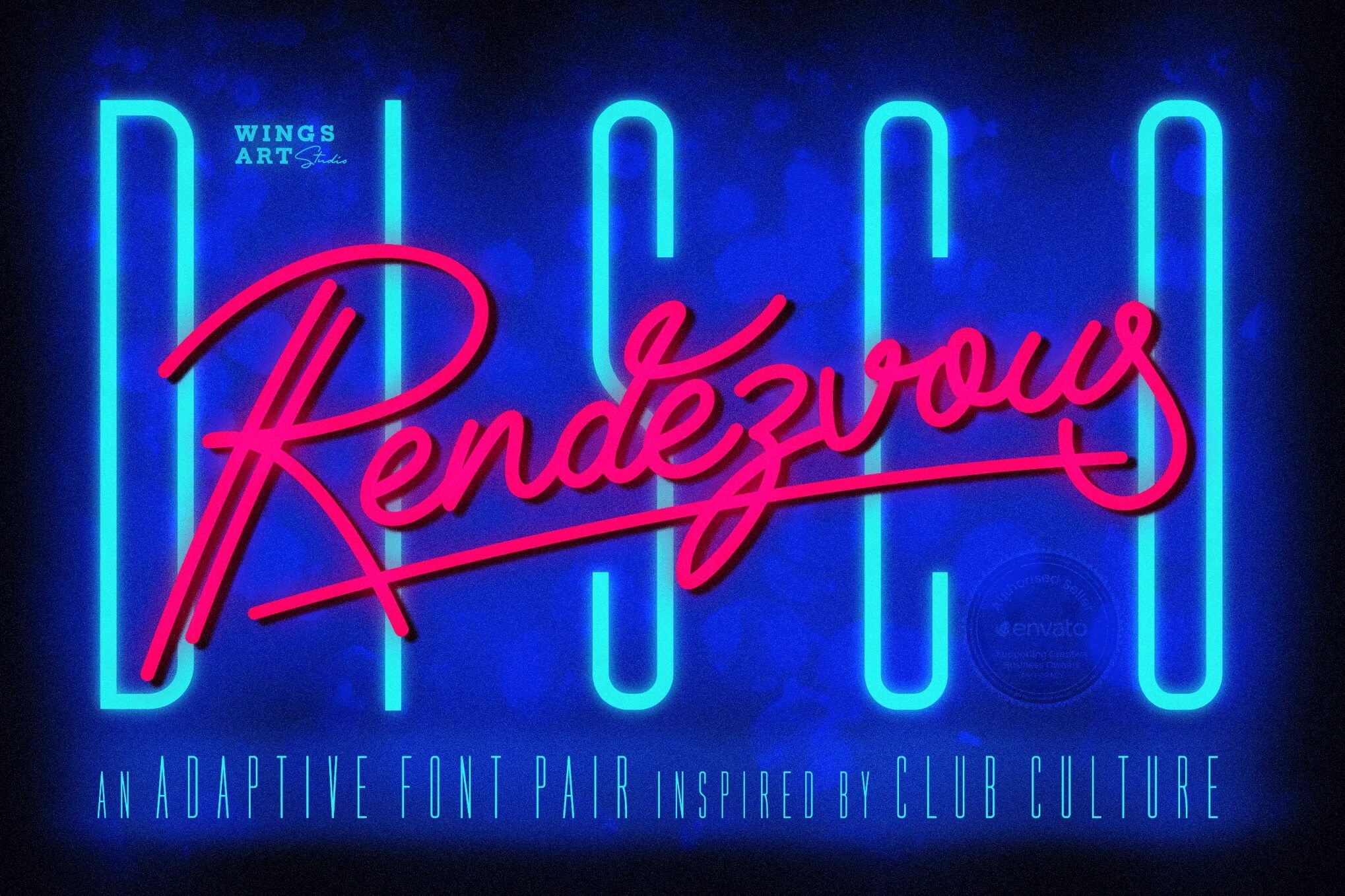 Neon-themed graphic features bold "Disco" text and cursive "Rendezvous," inspired by club culture, designed by Wings Art Studio.