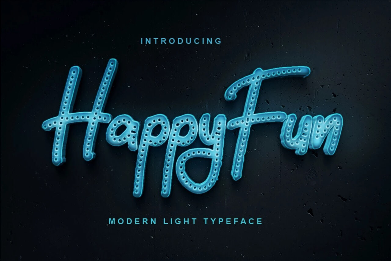 Bright blue neon text on dark background reads "Introducing Happy Fun Modern Light Typeface" with a playful, dotted font style.