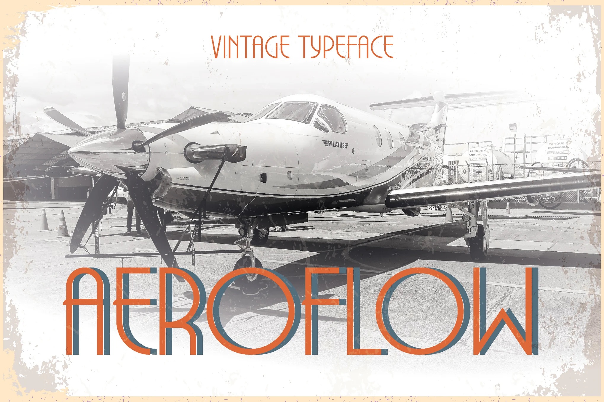 9 Best 1950s Fonts: Retro Designs with 50s Font Collection 8 A vintage-style airplane parked on tarmac with "Aeroflow" text overlay and person visible in the background.