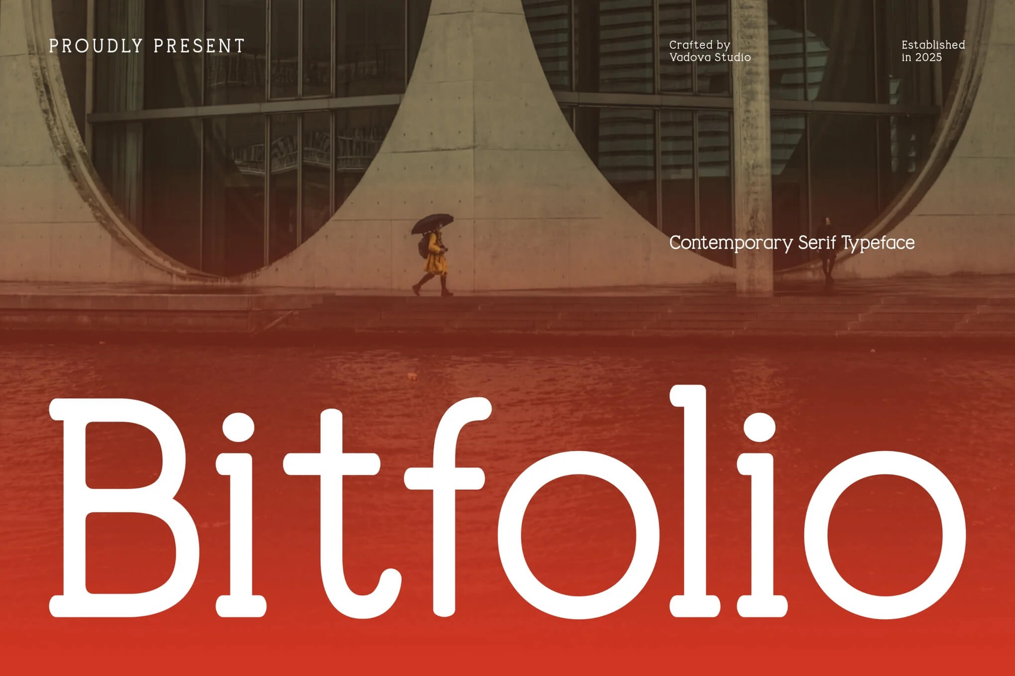 A person with an umbrella walks by a modern building. Large text at the bottom reads "Bitfolio" in a bold serif font.