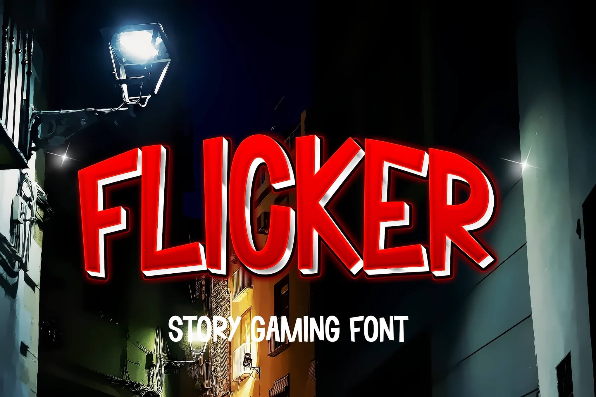 A vibrant, colorful design featuring the text "FLICKER" in bold red with "Story Gaming Font" in white, against an urban night scene.