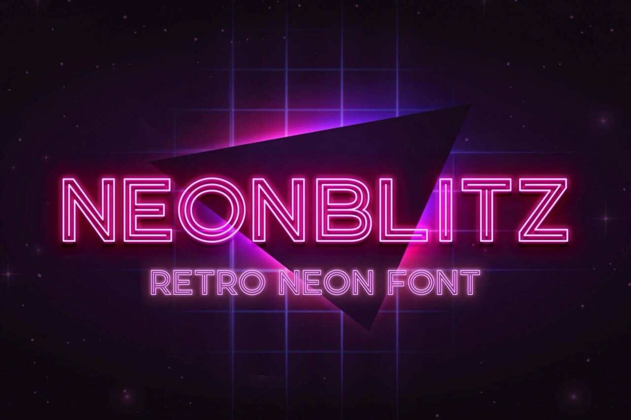 Neon text stating "NEONBLITZ RETRO NEON FONT" with a vibrant, retro design against a dark, starry background featuring grid lines.
