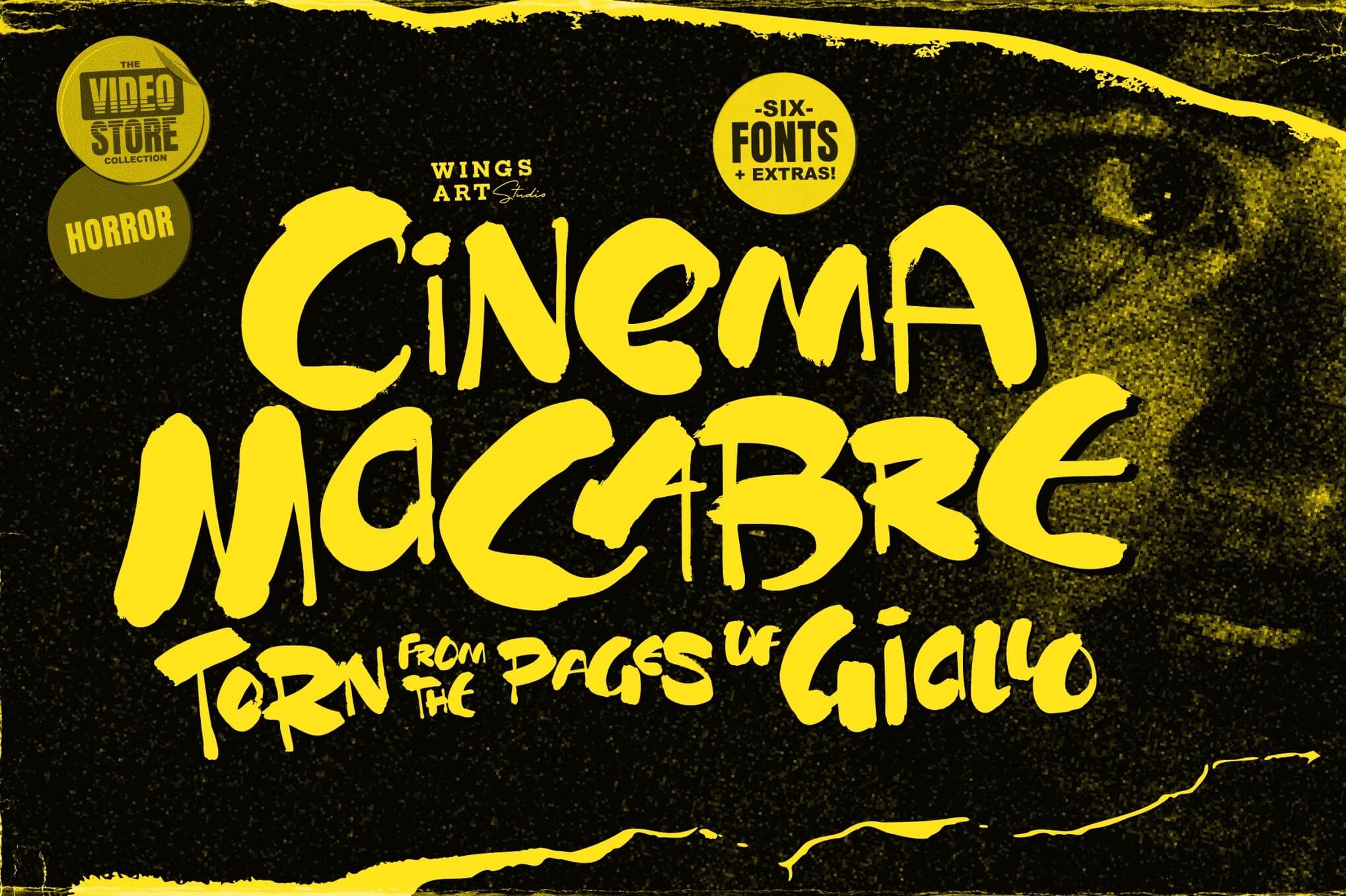 The image features bold yellow text "Cinema Macabre" with a textured background, promoting horror-themed fonts from the Video Store Collection.