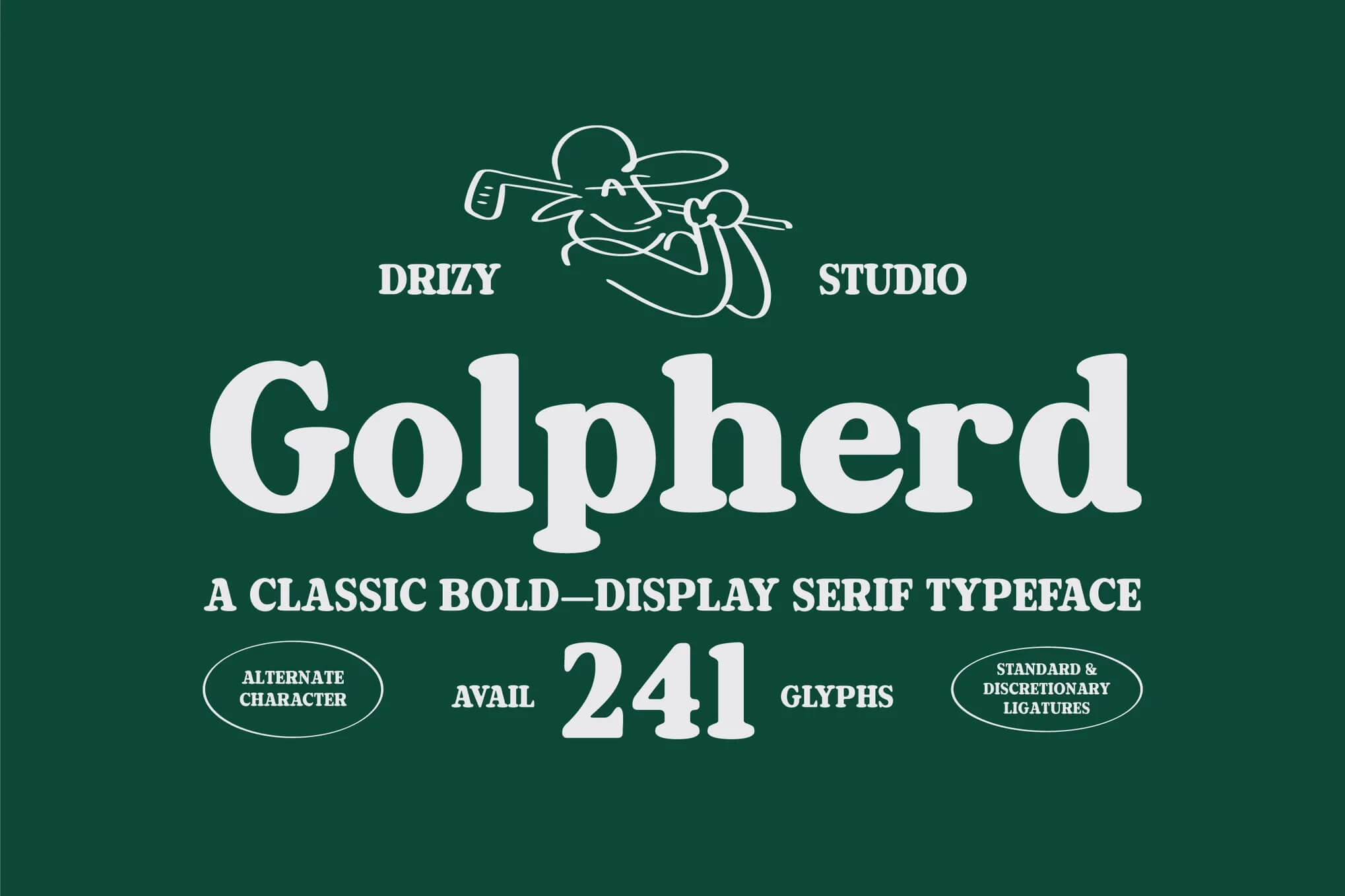 Green background showcasing "Golpherd," a classic bold serif typeface with 241 glyphs. Features a line drawing of a person playing golf.