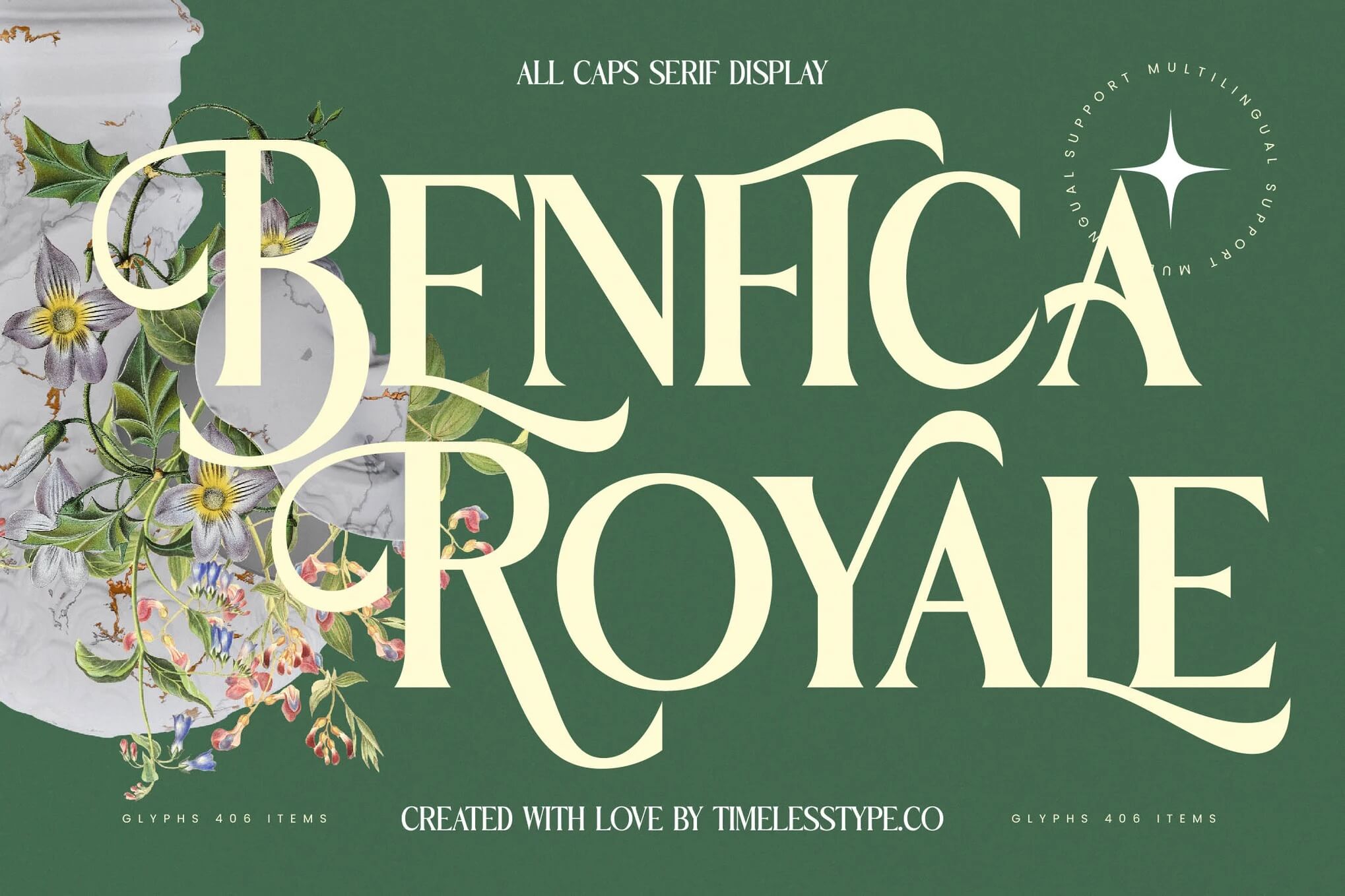 Ornate serif font text "Benfica Royale" on green background, adorned with detailed floral illustrations. Description of multilingual support and font details included.