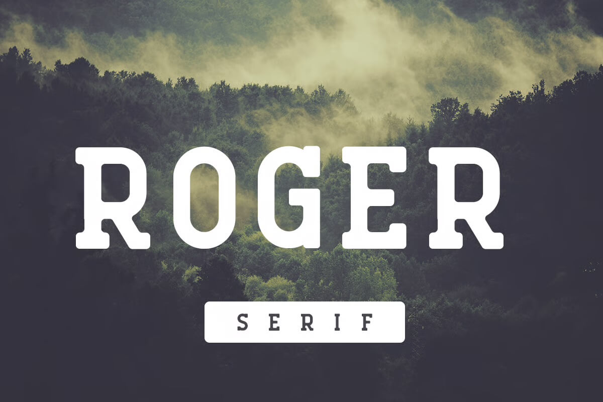 Bold "ROGER SERIF" text overlays a misty forest background, creating a dramatic and serene atmosphere. No people or landmarks visible.