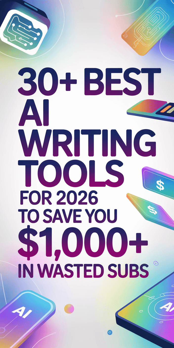 Best AI Writing Tools for 2026: I Tested 10 to Save You $1,000+ in Wasted Subs 2 Colorful promotional graphic for AI writing tools highlighting cost savings for 2026; includes circuit and dollar sign icons on digital devices.