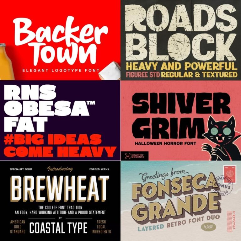 A collage of various font styles with colorful backgrounds, featuring names like "Backer Town," "Brewheat," and "Fonseca Grande" among others.