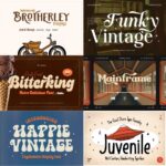 The image showcases six retro-style font advertisements, featuring vibrant designs and playful typography with names like "Brotherley," "Funky Vintage," and "Juvenile."