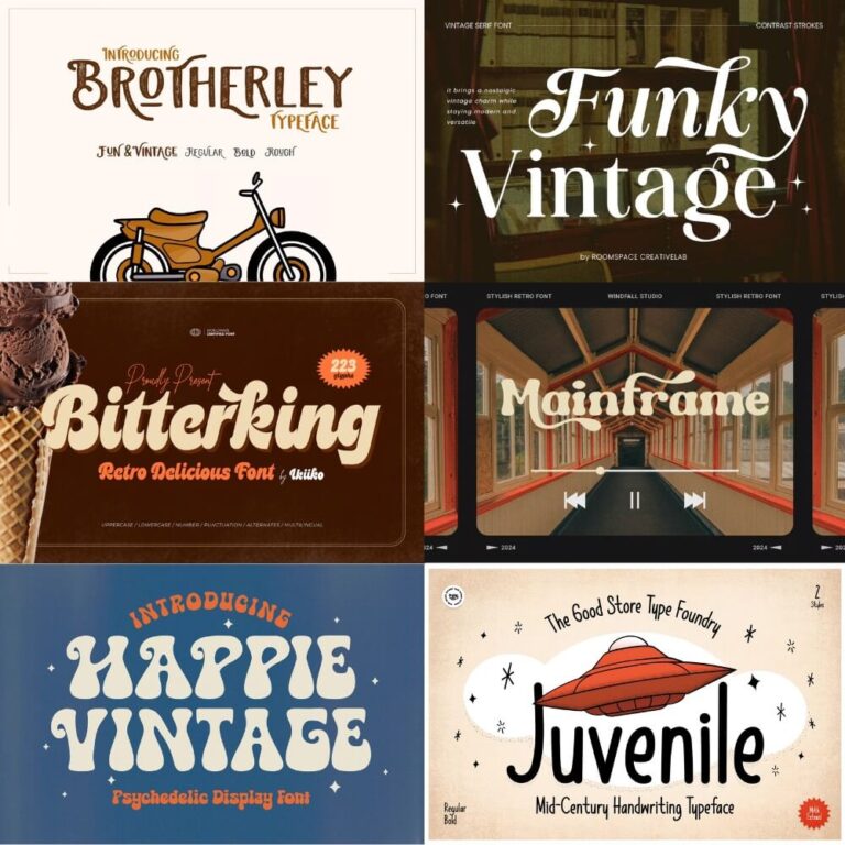 The image showcases six retro-style font advertisements, featuring vibrant designs and playful typography with names like "Brotherley," "Funky Vintage," and "Juvenile."