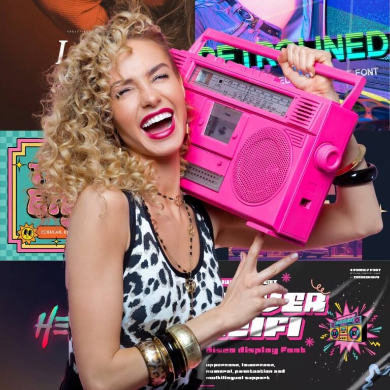 A person with curly hair and leopard-print top holds a pink boombox, surrounded by colorful, retro-themed posters and graphics.