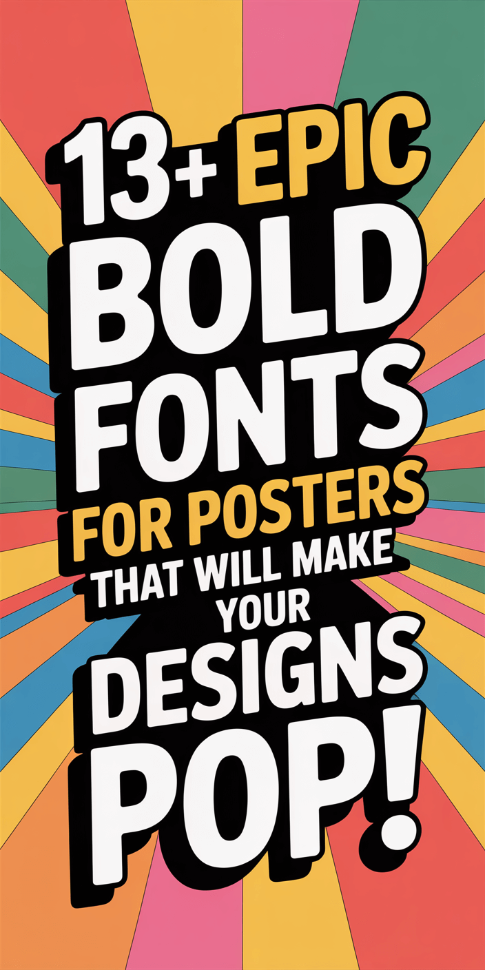 Poster with colorful background rays highlights "13+ Epic Bold Fonts for Posters That Will Make Your Designs Pop!" in prominent, vibrant text style.